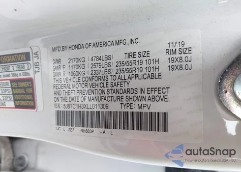 2020 Acura Rdx Standard from USA, damaged, VIN 5J8TC1H3XLL011309